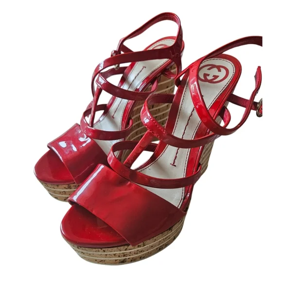 Gucci Red Pattent Leather Strappy Wedge Sandals - Picture 3 of 16